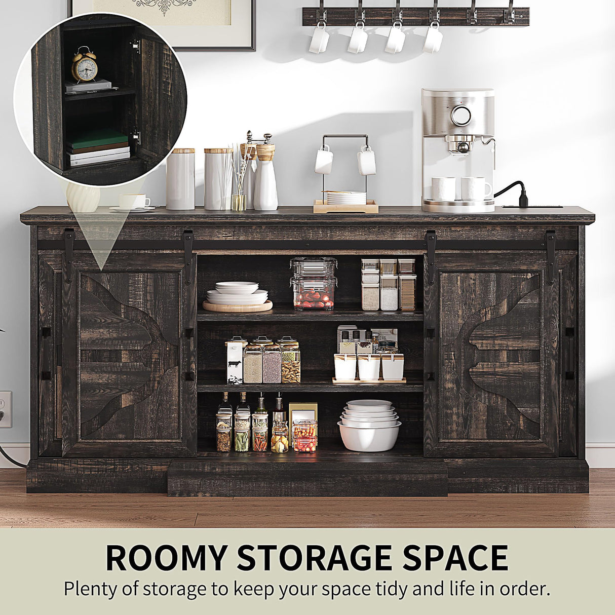 YITAHOME TV Stands with Power Outlets for 70/65 Inch Television, Modern Farmhouse Entertainment Center TV Media Console with Barn Sliding Doors & Adjustable Shelf for Living Room, Dark Rustic Oak YITAHOME