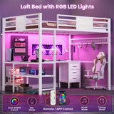 BTHFST Full Size Loft Bed with L-Shaped Desk and 3 Storage Drawers, LED Lights & Charging Station, Open Storage Shlef, Metal Loft Bed Frame with Solid Slats and Guardrail, Space Saving, White BTHFST