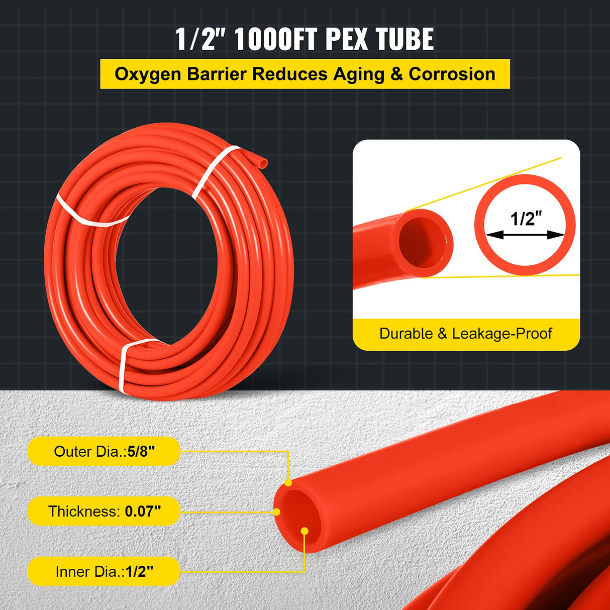 Happybuy 1000Ft PEX Tubing Pipe 1/2" PEX Tubing Oxygen Barrier Radiant Floor PEX Pipe Radiant Heat Floor Heating Plumbing Cold and Hot Water Tubing Happybuy