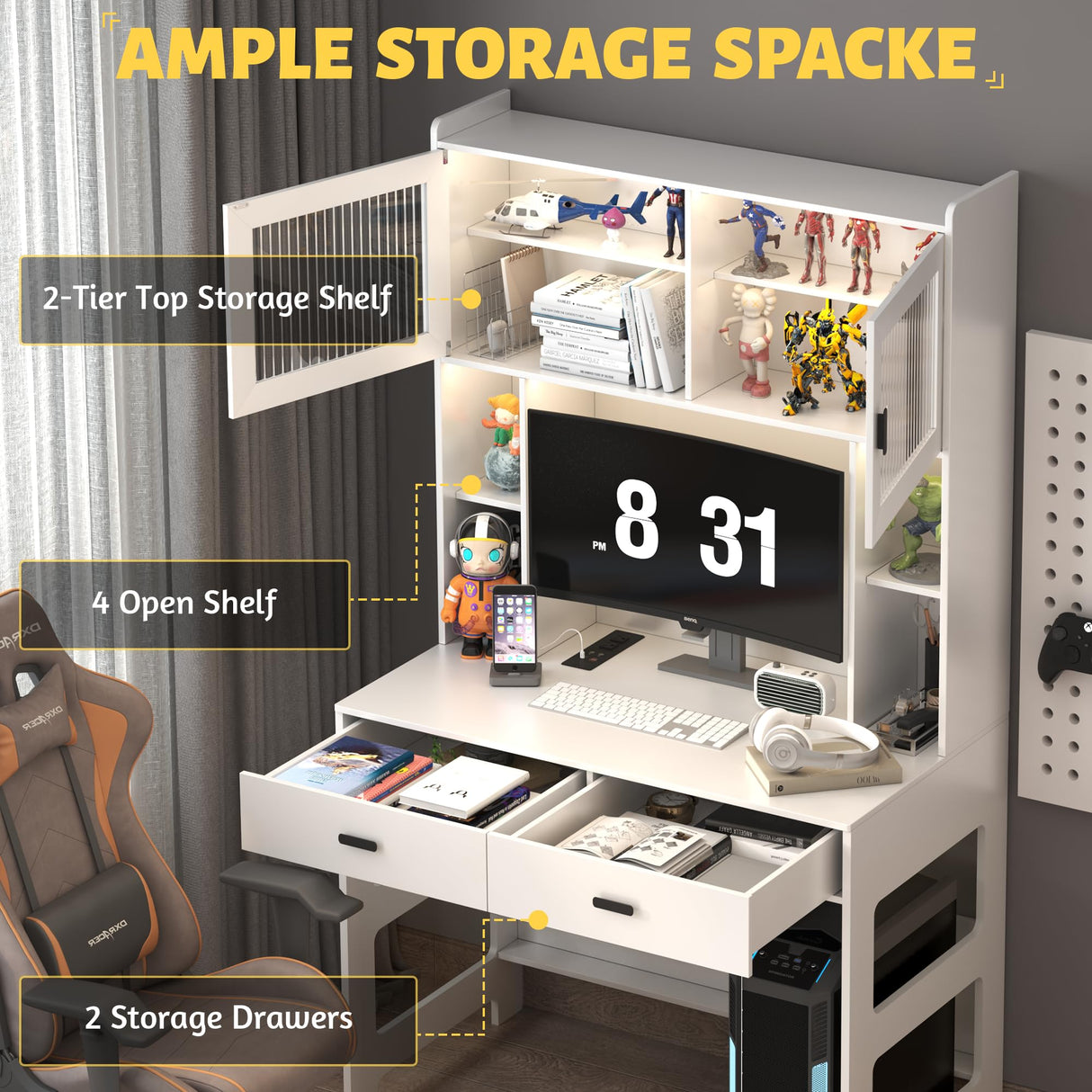 LVSOMT Home Office Desk with Hutch, Modern Computer Gaming Desk with LED Lights & Power Outlets, White Study Table with Storage Shelves, Teen Writing Desk for Bedroom, 40'' W LVSOMT