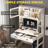 LVSOMT Home Office Desk with Hutch, Modern Computer Gaming Desk with LED Lights & Power Outlets, White Study Table with Storage Shelves, Teen Writing Desk for Bedroom, 40'' W LVSOMT