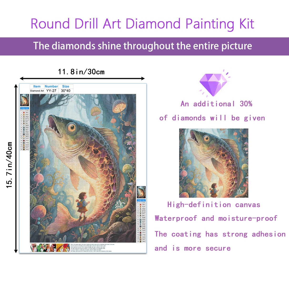 Big Fish 5D Diamond Painting Kit for Adults，The Giant Fish in The Enchanted Forest Full Drill DIY Round Gem Art Diamond Art Kits Painting Crafts Ideal for Beginners and Home Wall Decor 12X16inch PUSHPIN PAINTING