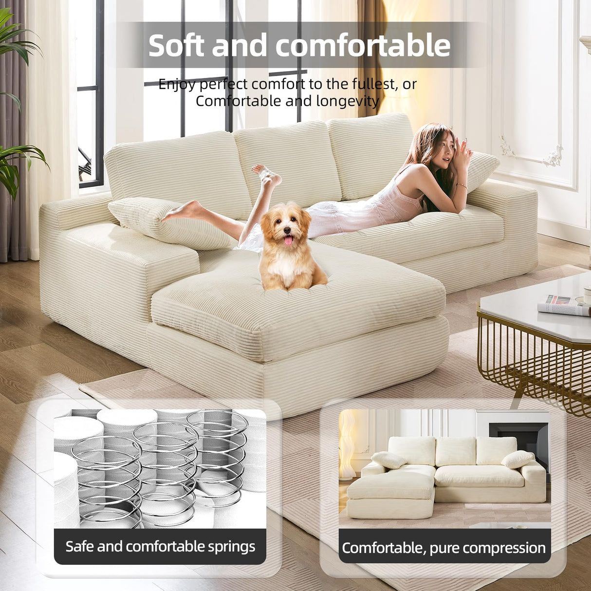 98.4" Cloud Modular Sectional Couch with Chaise,L-Shaped Modern Upholstered Sofa with Deep Seat,Corduroy Sectional Couches for Living Room and Bedroom,No Assembly Required(Beige) XSZD