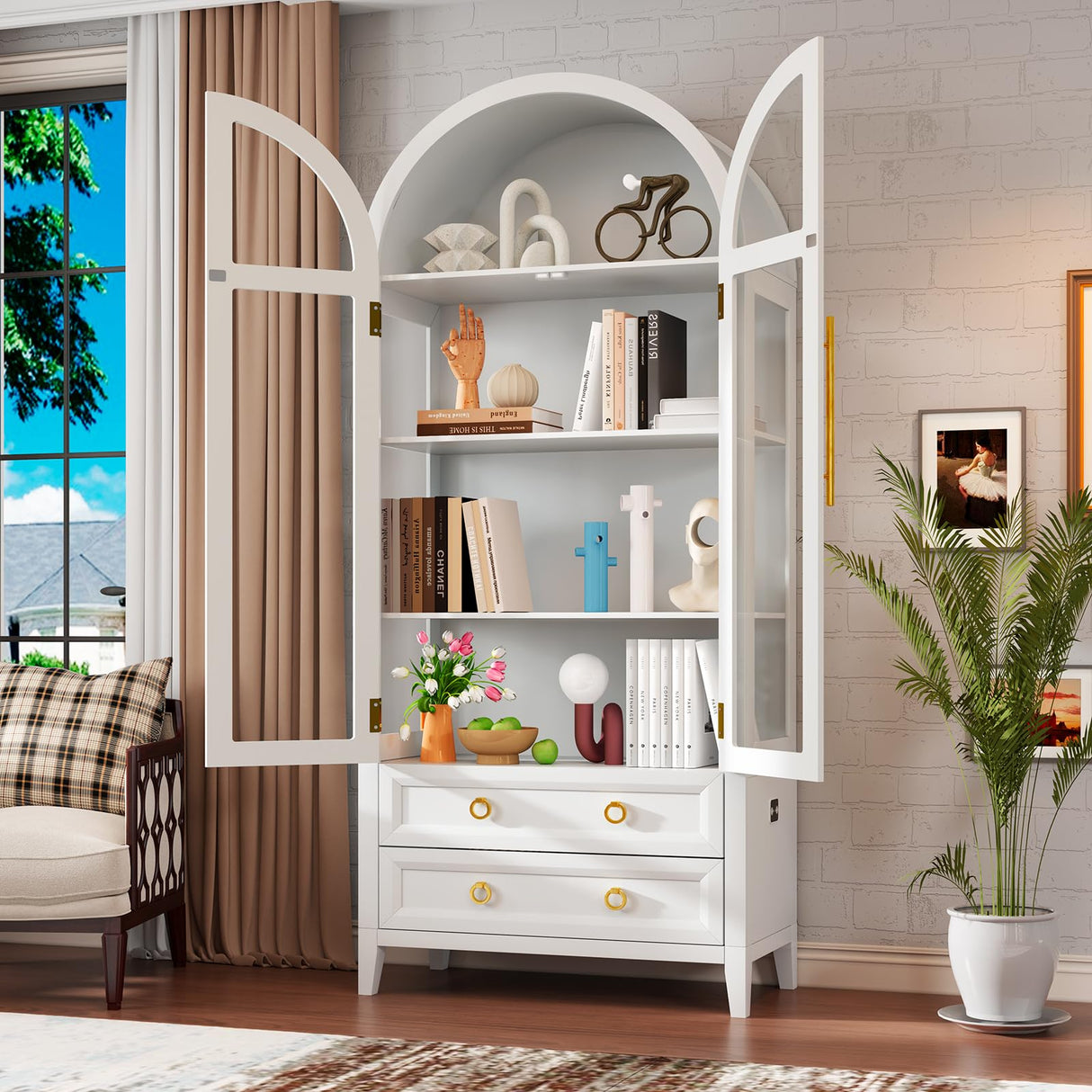 EOAWE Arched Curio Cabinet with Glass Doors, 4-Tier Display Cabinet with 2 Drawers, Tall Bookcase with 3 Color Lights, Display Case, Kitchen Pantry (White) EOAWE