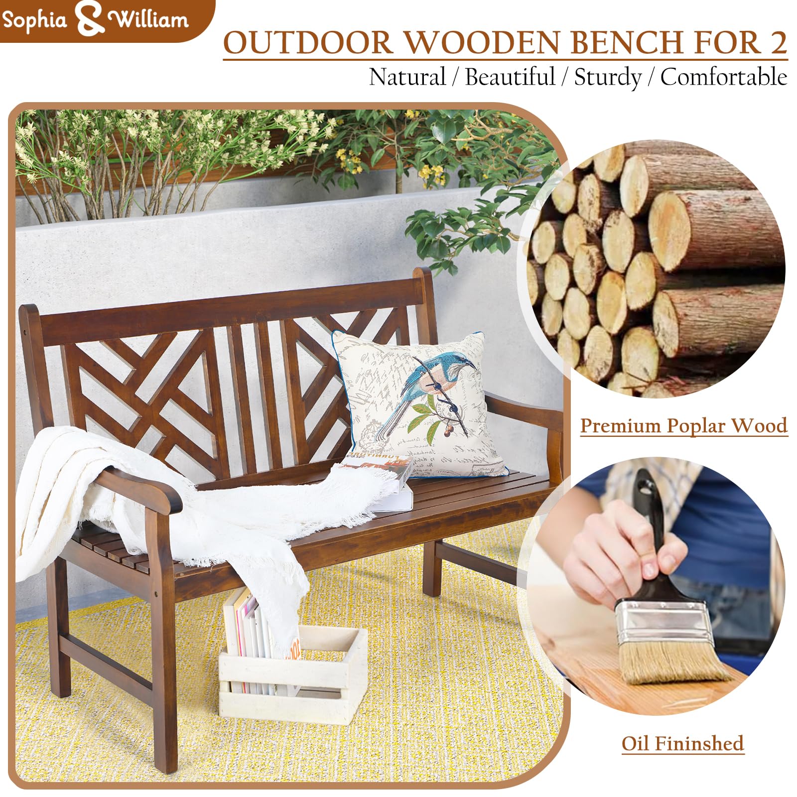 Sophia & William Walnut Outdoor Garden Bench - 47" Weatherproof Wooden Patio Seating with Backrest - WoodArtSupply