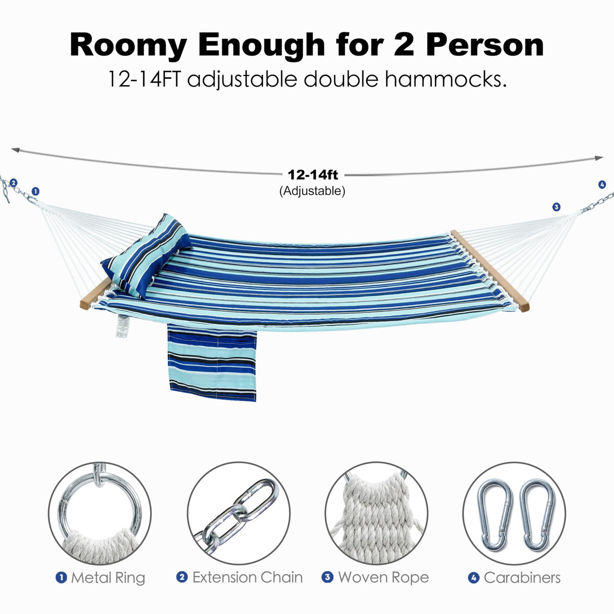 Gafete 2 Person Hammocks for Outside, Double Quilted Fabric Outdoor Hammock with Spreader Bar, Large Removable Pillow, Storage Pockets, Carabiners, Max 475 lbs Capacity (Catalina Beach) gafete