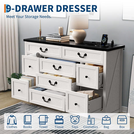 Garvee 9 Drawers Dresser with Charging Station, 55" Wide Chest of Drawers,Farmhouse Dresser with Metal Handle,Large Storage Dressers Organizer for Bedroom,Living Room,Hallway and Dining Room,Black Garvee