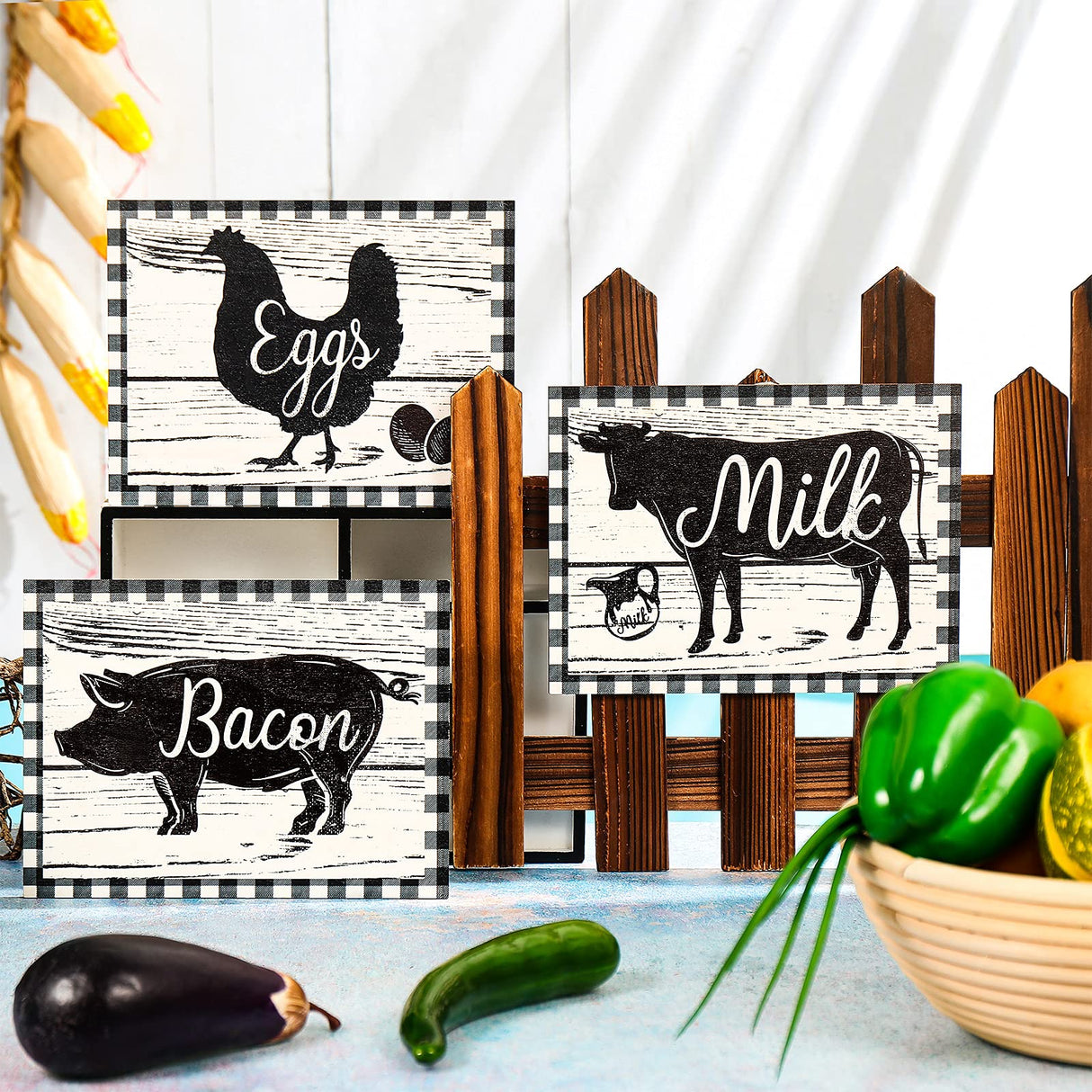 Jetec 3 Pieces Farmhouse Kitchen Signs Cow Rooster and Pig Decors 7.9 x 5.9 Inch Rustic Wooden Signs Country Wall Decorations for Kitchen Wall Decor and Home Decor (Rustic Style) Jetec