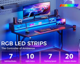 MOTPK 40 inch Gaming Desk with LED Lights & Power Outlets, Small Computer Gaming Table with Float Monitor Stand, Kids Boys Desk with Carbon Fiber Texture MOTPK