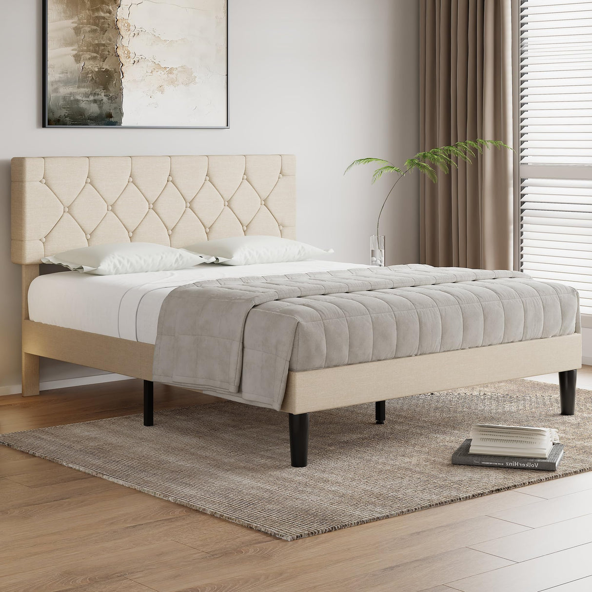 VECELO Full Size Bed Frame with Button Tufted Headboard, Upholstered Platform with Wooden Slat Support, No Box Spring Needed, Beige VECELO