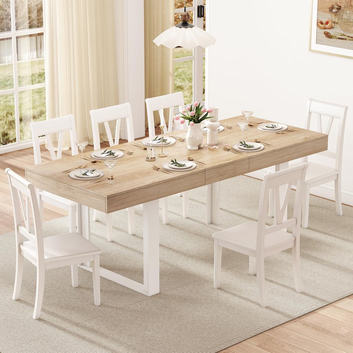 Zevemomo 63"-78.7" Expandable Dining Table, 6-10 Farmhouse Kitchen Table, Extendable Dining Table, Rectangular Kitchen Table with Metal Track, Tapered U-Shaped Legs for Dining Room, Office-Oak Zevemomo