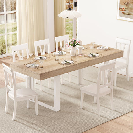 Zevemomo 63"-78.7" Expandable Dining Table, 6-10 Farmhouse Kitchen Table, Extendable Dining Table, Rectangular Kitchen Table with Metal Track, Tapered U-Shaped Legs for Dining Room, Office-Oak Zevemomo