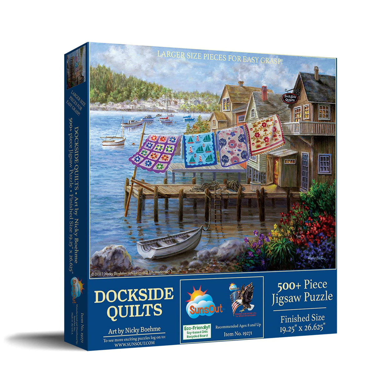 SUNSOUT INC - Dockside Quilts - 500 pc Large Pieces Jigsaw Puzzle by Artist: Nicky Boehme - Finished Size 19.25" x 26.625" - MPN# 19271 SunsOut