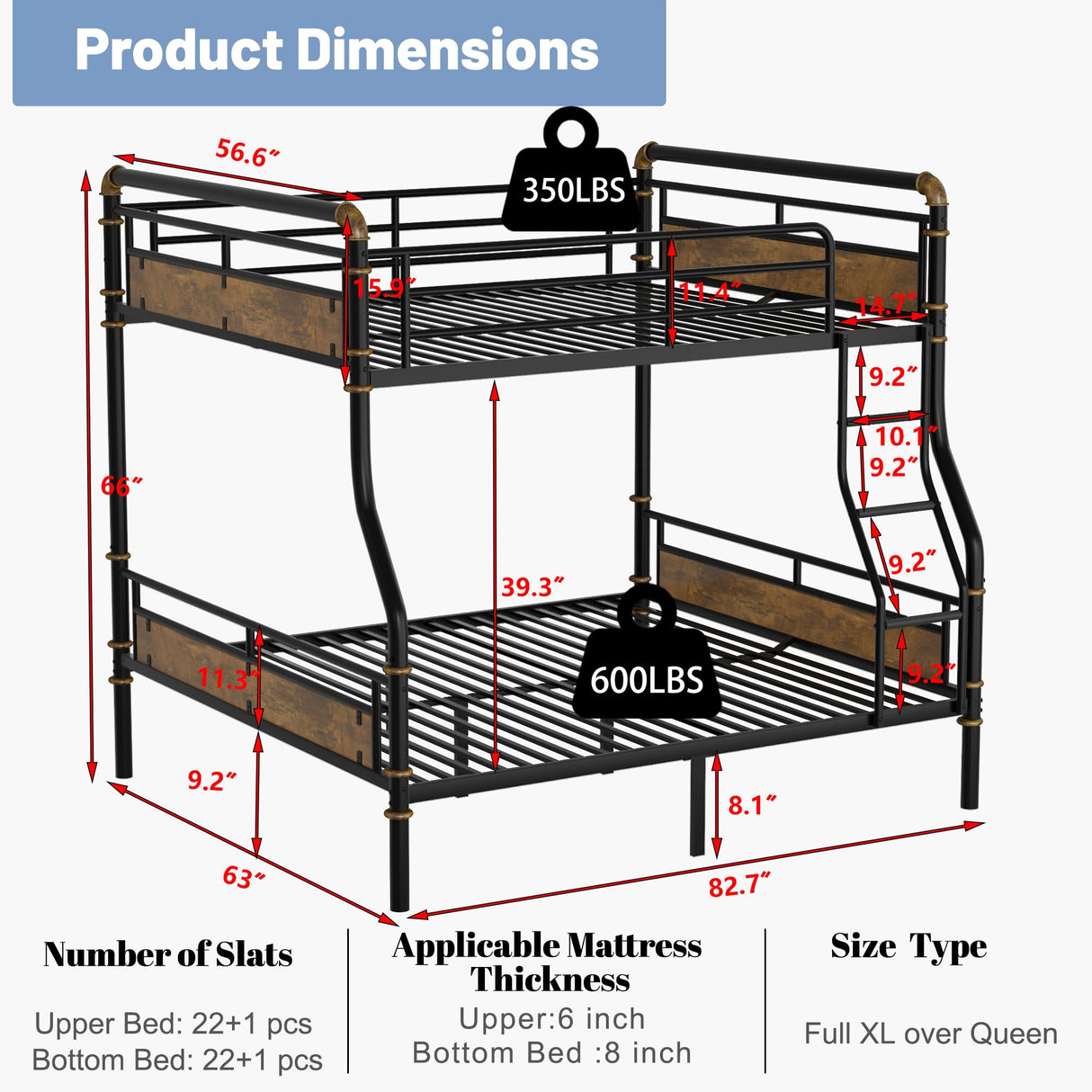 Full XL over Queen Industrial Bunk Beds for Teens or Adults , Heavy-Duty 2 IN 1 Metal Convertible Bunk Bed with Ladder and Slats Support ,15.9" High Guard Rail,Space-Saving ,Noise Reduced,Black MoproBeti