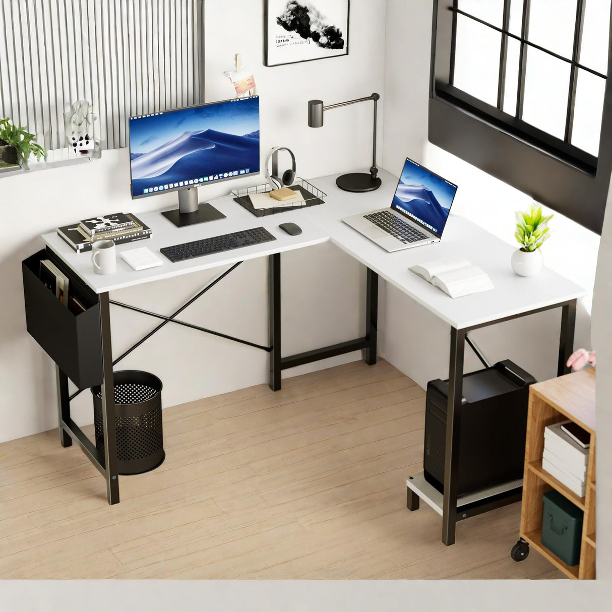 GlasFlength L Shaped Gaming Desk, 49 Inch L Shaped Desk with CPU Storage Shelf & Side Bag, Wooden Corner Desk for Home Office, White 49 inches GlasFlength