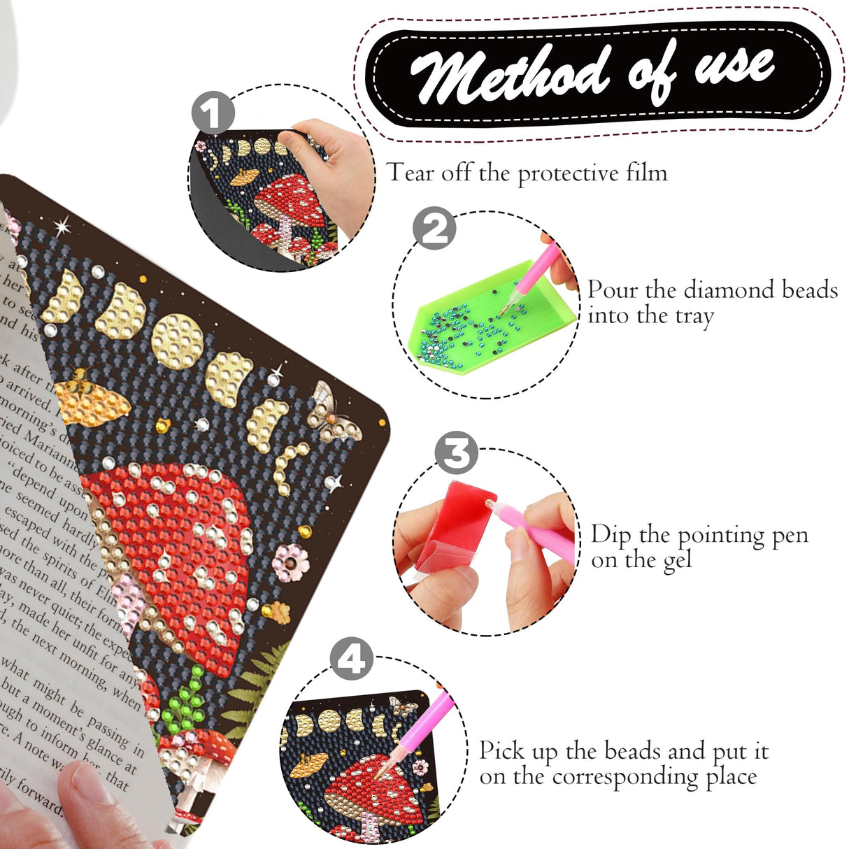 Sitsink Mystic Mushroom Diamond Art Bookmarks - 6 Pcs Corner Book Marks Diamond Painting Bookmarks Kit for Adults, Boho Moth Moon Phase Gem Art Rhinestone Craft Kit for Women Sitsink