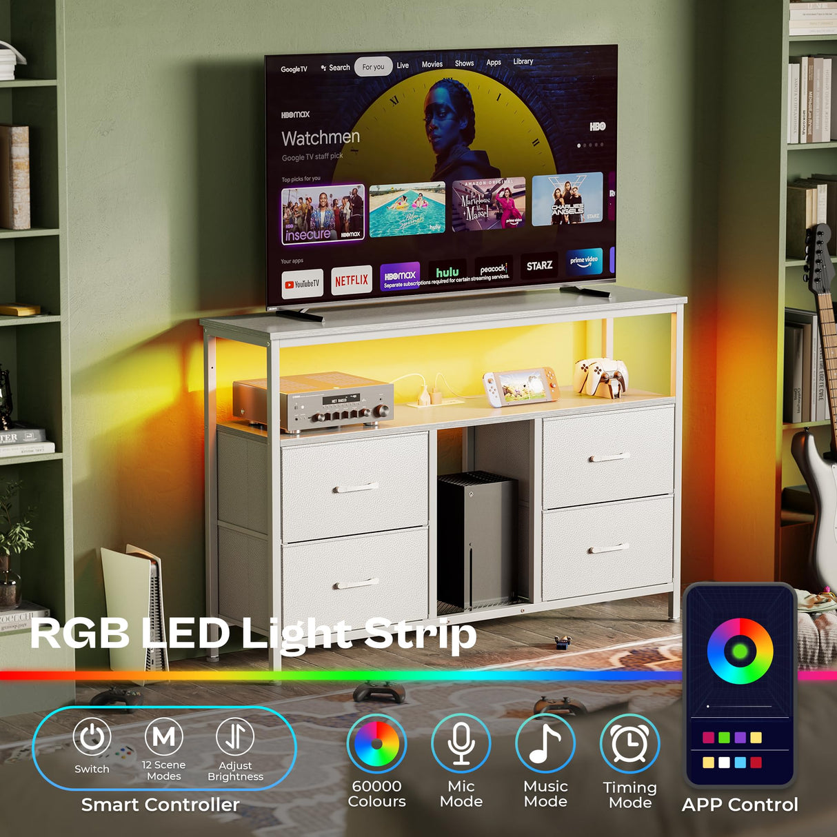 Huuger TV Stand Dresser with Power Outlets and LED Lights, 4 Drawers Entertainment Center with Open Shelf, Media Console for 50 43 Inch TV, Dresser with PU Finish, White Huuger