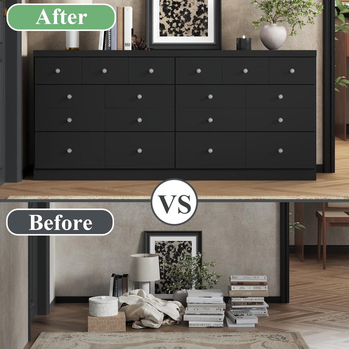 63'' Long Dresser for Bedroom, Double Wide Dresser 6 Drawer Dresser with 14 Organized Compartments, Modern Black Wood Dresser 6 Drawer with Glass Handles, Extra Large Chest of Drawers for Bedroom Gyfimoie