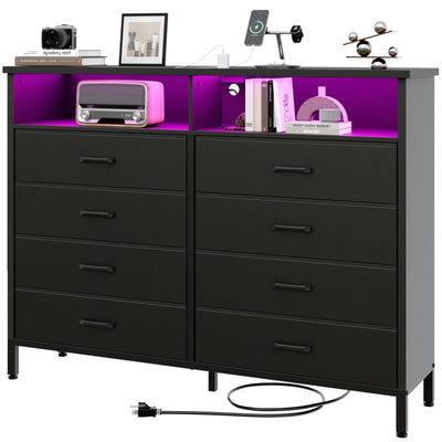 SOOWERY Black Dresser for Bedroom Led Bedroom Dresser with Charging Station, Tall Dresser with 8 Fabric Chest of Drawers, Dresser for Kids Room, TV Stand for up to 60" TV for Living Room