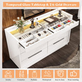 AMERLIFE 47.2" W 8 Drawer Dresser with LED Light & Glass Top, Modern High Gloss Storage Chest with 2 Jewelry Drawers, Storage Organizer for Bedroom, White AMERLIFE