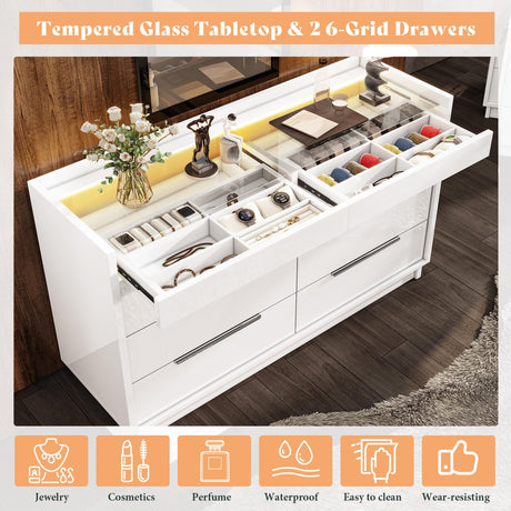 AMERLIFE 47.2" W 8 Drawer Dresser with LED Light & Glass Top, Modern High Gloss Storage Chest with 2 Jewelry Drawers, Storage Organizer for Bedroom, White AMERLIFE