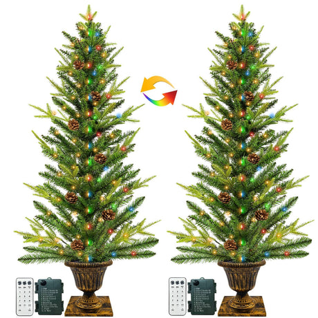 Dual Color Change 2 Pack 4 Ft Realistic-Feel PE Fraser Fir Artificial Potted Christmas Tree, Timer Remote 12 Mode Warm White&Colored Light Big Pinecone Battery Operated Xmas Tree Outdoor Porch Decor AMENON