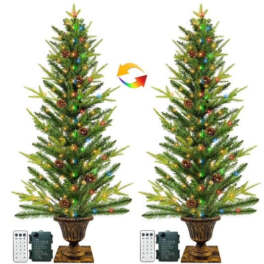 Dual Color Change 2 Pack 4 Ft Realistic-Feel PE Fraser Fir Artificial Potted Christmas Tree, Timer Remote 12 Mode Warm White&Colored Light Big Pinecone Battery Operated Xmas Tree Outdoor Porch Decor