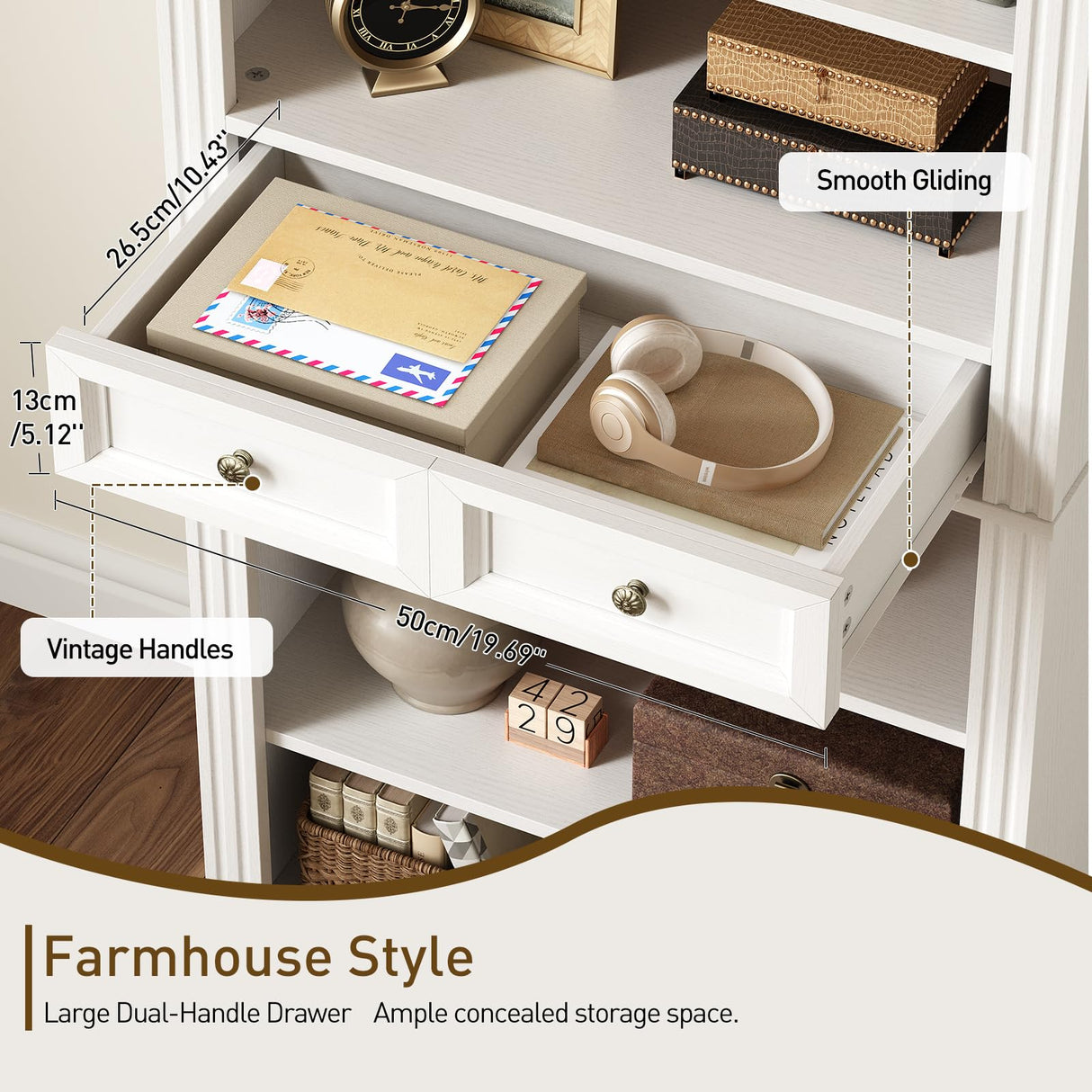 RALGEND Arched Bookshelf, 73" Tall Arch Bookcase with Drawers, 6-Tier Farmhouse Book Shelf, Wooden Bookshelf with Open Display Shelves for Living Room, Office, Adjustable Shelf, Walnut and White RALGEND