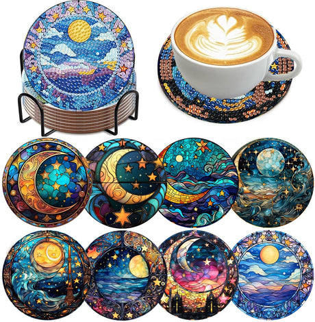 8 Pcs Diamond Art Coasters Moon Diamond Painting Coasters Kits with Holder Cork Pads DIY Moon Diamonds Art Painting Coaster Set for Adults Beginners Crafts Supplies mrpwnle