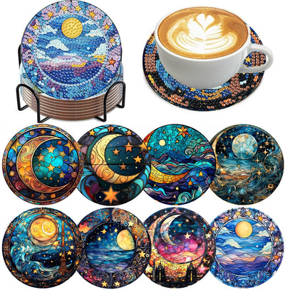 8 Pcs Diamond Art Coasters Moon Diamond Painting Coasters Kits with Holder Cork Pads DIY Moon Diamonds Art Painting Coaster Set for Adults Beginners Crafts Supplies