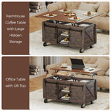 Turosur Lift Top Coffee Table with Storage, 4 in 1 Farmhouse Coffee Table with Lockable Rolling Wheels and Hidden Compartment, Center Table with 4 Sliding Barn Door for Living Room Turosur