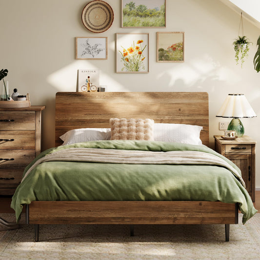 LINSY Brown Queen Bed Frame with Ergonomic Headboard and Storage Shelf, Fast Assembly & Noise-Free Design - WoodArtSupply