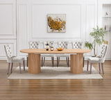 63"-94" Large Extendable Dining Room Table Set for 10, 11-Piece Oval Dining Table Set with 10 Beige Upholstered Chairs, Space Saving Farmhouse Expandable Kitchen Table Set with Fluted Wood Base Pvillez