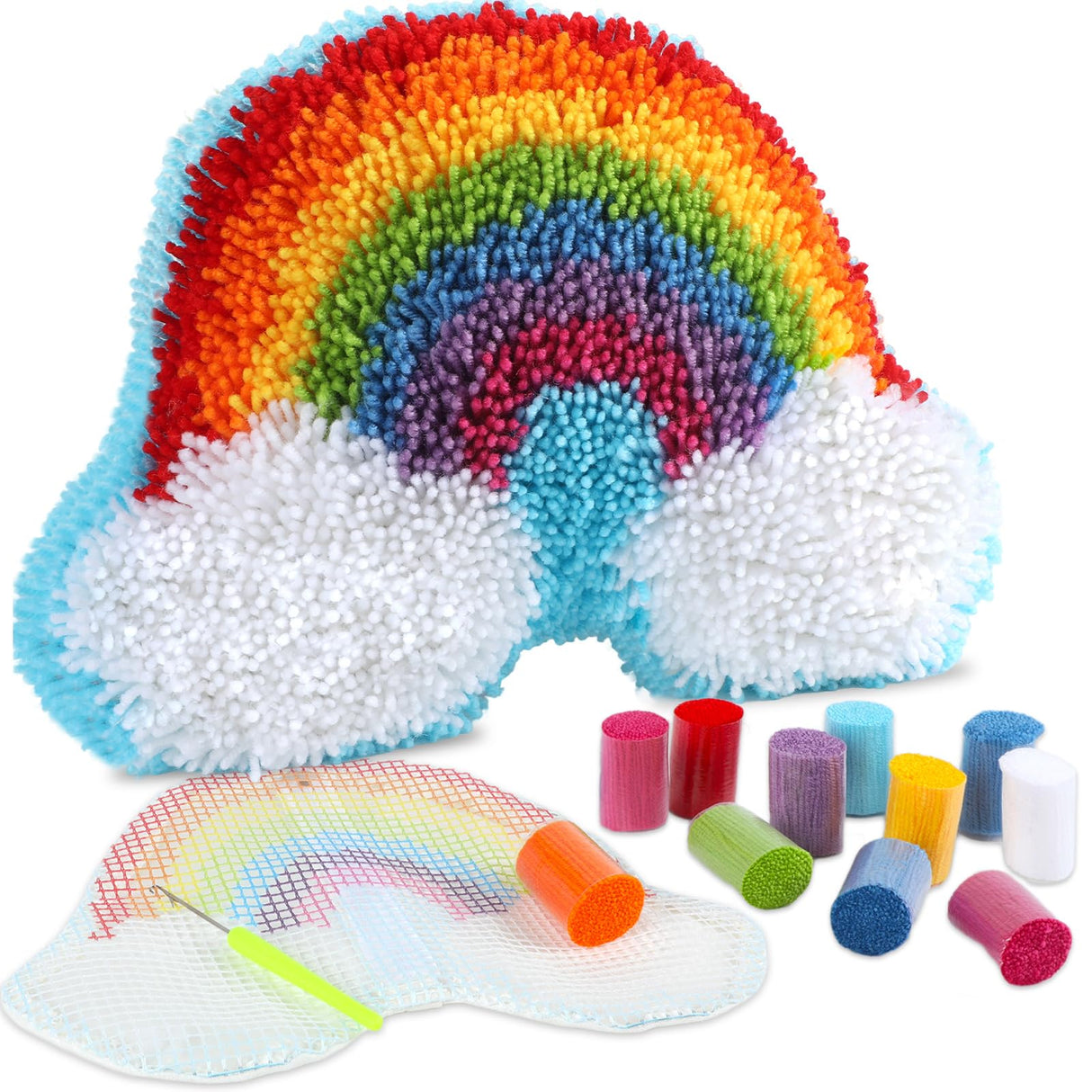 Rainbow Latch Hook Kit Rainbow Pillow DIY Craft Kit for Kids Making Your Own DIY Pillow Yarn Craft Kit for Girls Pattern Paint Cross Sewing Sofa Cushion Plush Gift for Kids Justforjoyful
