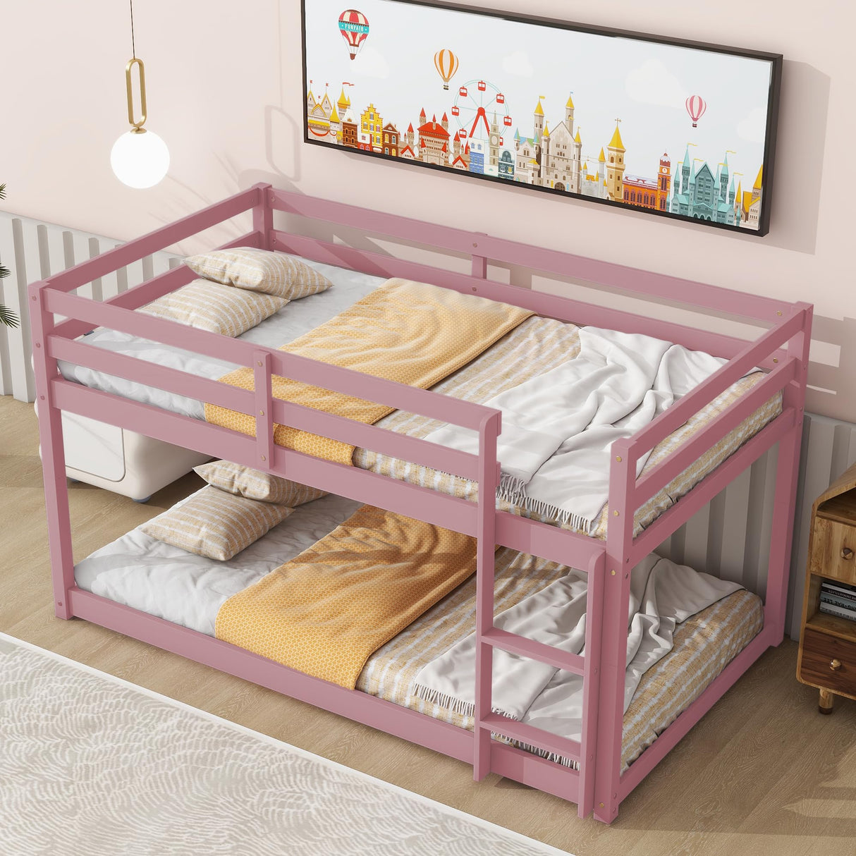 Majnesvon Twin Over Twin Low Bunk Bed with Safety Guardrail, Climbing Ladder, Easy to Assemble, Saving Space, Bed Bedroom Storage Guard Rail Ladder(Pink(New)) Majnesvon