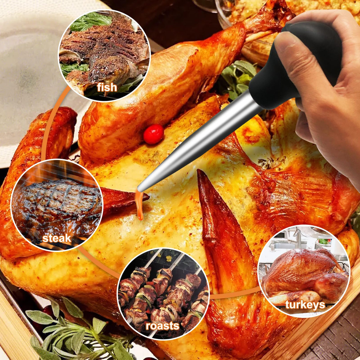 Auzeuner Turkey Baster for Cooking, Turkey Baster Large, Stainless Steel Turkey Baster Syringe, with 2 Marinade Injector Needles and Brush for Cooking, Black Auzeuner