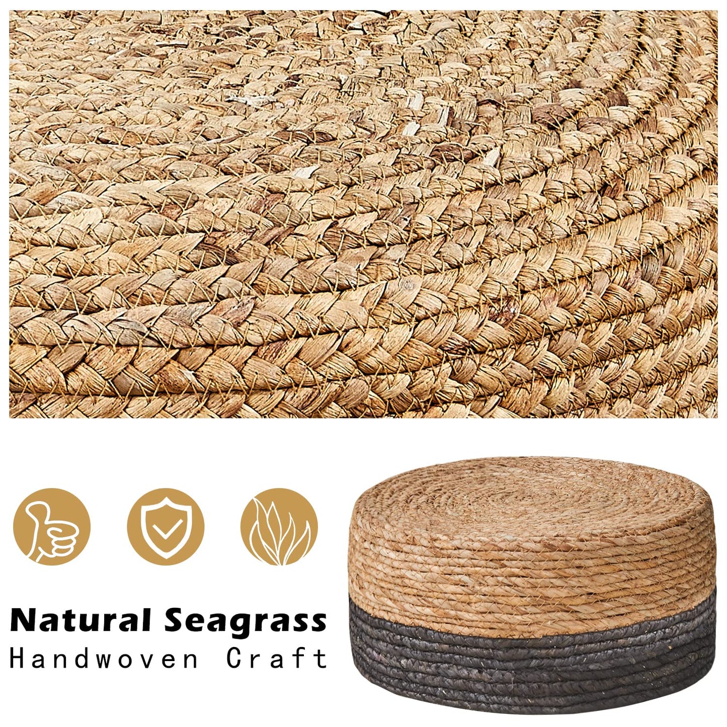 Cpintltr Ottoman Natural Seagrass Footrest Poufs Hand Weave Round Foot Stool for Couch Desk Soft Step Stool Padded Foot Rest with Pine Legs for Living Room Bedroom Natural/Black - WoodArtSupply