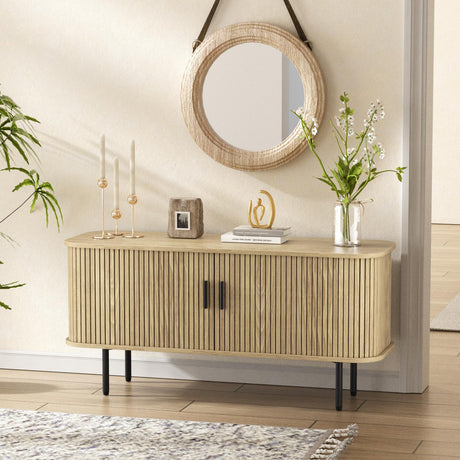 47''W Natural Storage Cabinet, Media Console, Tambour TV Stand, Television Stands with Curvy Edge & Sliding Door, Fluted Cabinet, Buffet Sideboard, Credenza, Table Stand for Living Room, Kitchen FiveWillowise