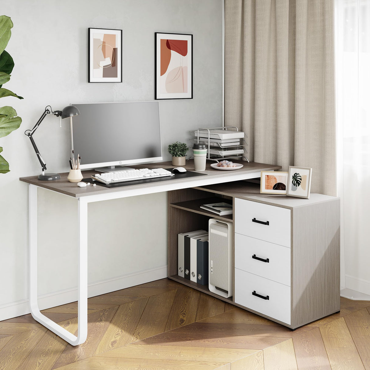 ARTPOWER L Shaped Computer Desk with 3 Drawers and Shelf,55" Large Home Office Corner Desk with Storage Cabinet,Computer Table for PC Executive Writing Study Work,Reversible Gaming Desk,Walnut ARTPOWER