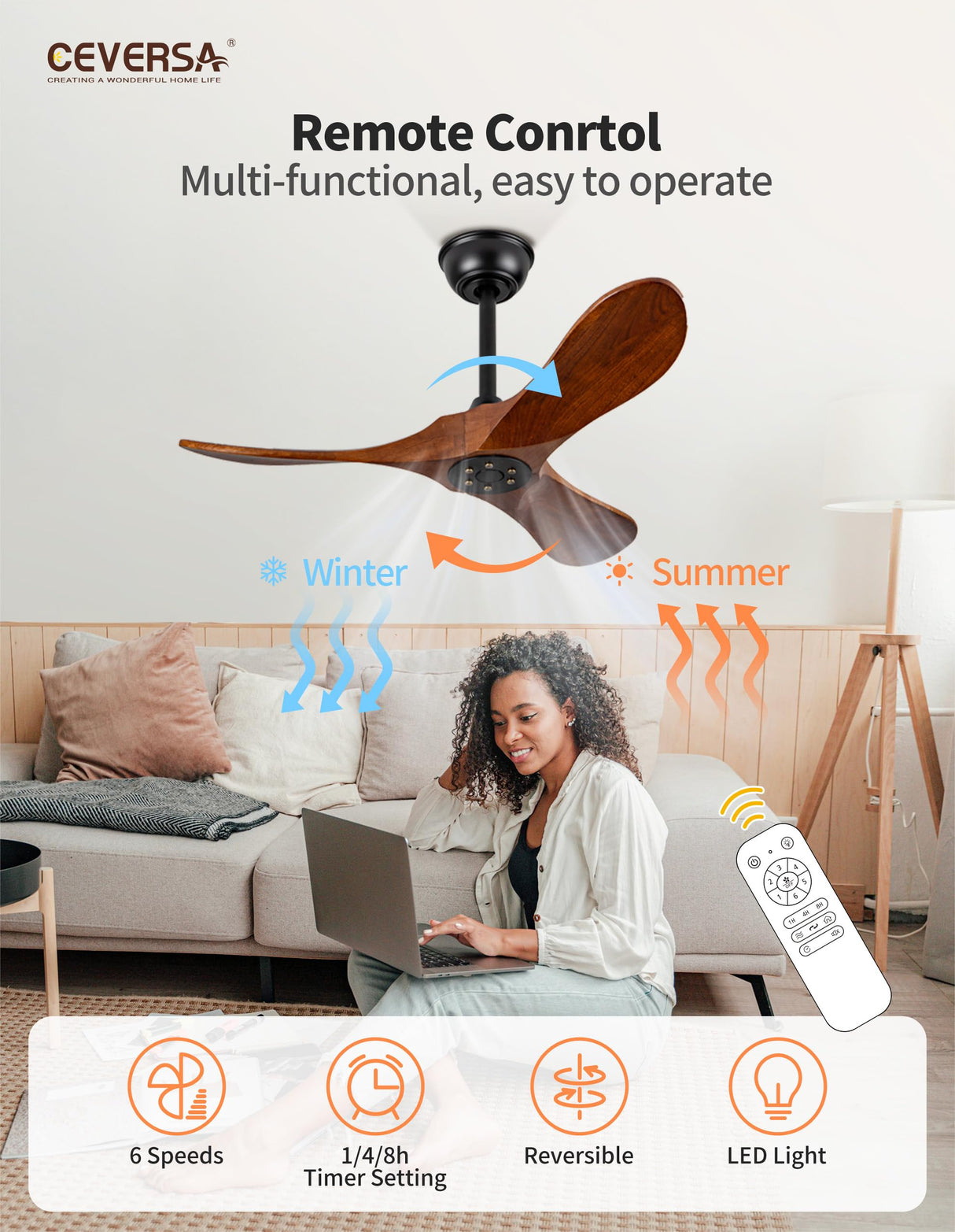 Ceversa 36 Inch Small Ceiling Fan no Light,Wood Ceiling Fan without Light with Remote Control,3 Blades Propeller Walnut Outdoor Ceiling Fan for Patio,Indoor,Living Room,Bedroom,Porch,Farmhouse Ceversa