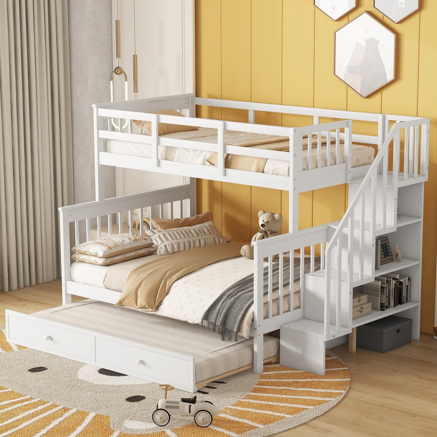 Stairway Twin Over Full Bunk Bed with Trundle and Storage Shelves in White by Harper & Bright Designs - WoodArtSupply