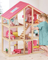 Tiny Land Wooden Dollhouse for Girls - 6 Rooms Wooden Doll House, DIY Pretend Dream House with 30Pcs Furniture Accessories, Gift for Girl Ages 3+ Tiny Land
