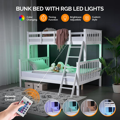 VINGLI Twin Over Full Bunk Bed with LED Lighting & USB Ports, Extra Tall Safety Guardrails, Convertible Design, Solid Wood, White - WoodArtSupply