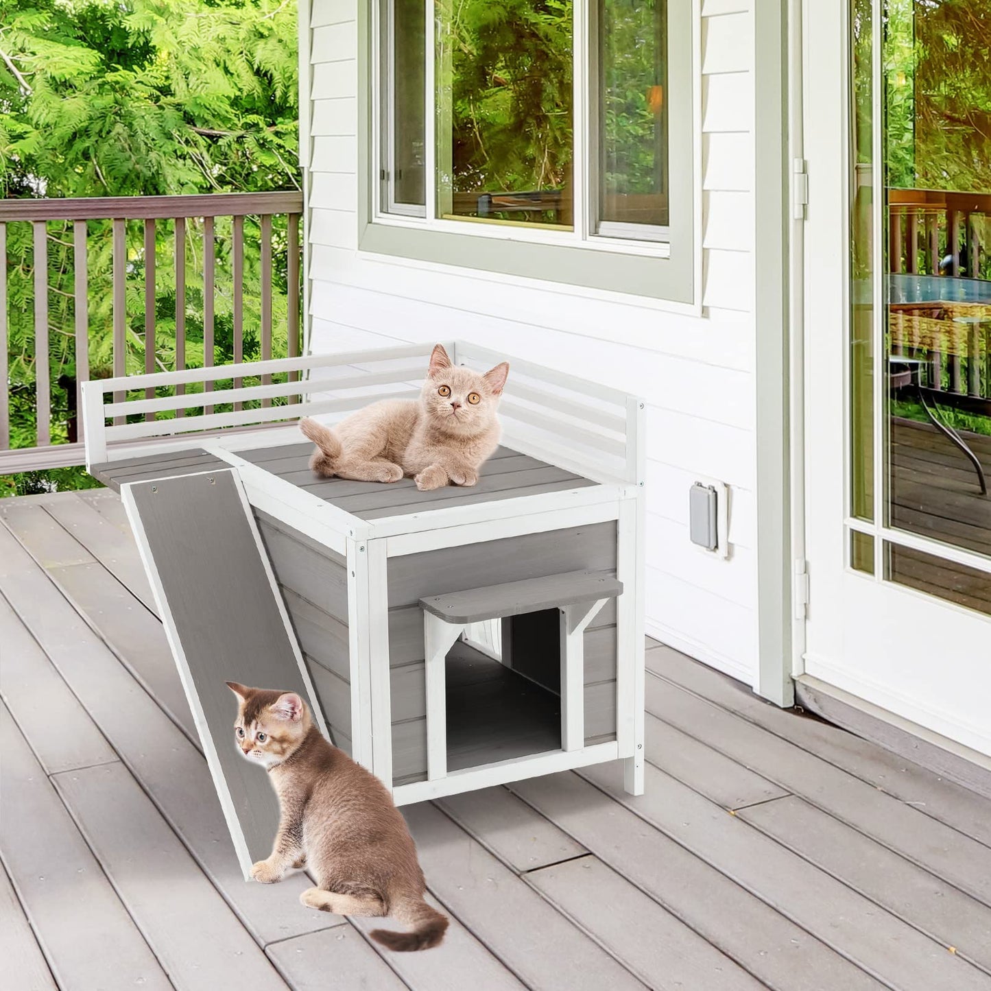 Tangkula 2-Story Outdoor Cat House, Feral Kitty Houses with Escape Doors, PVC Curtains, Cat Balcony, Cat Condo, Wide Side Ladder, Outdoor Indoor Cat Shelter Weatherproof for Home, Patio - WoodArtSupply