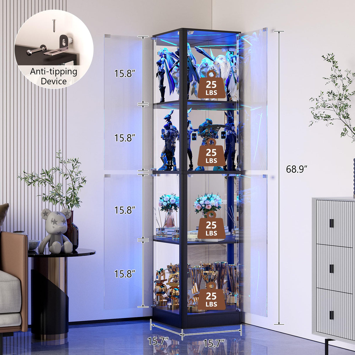 Display Cabinet with Glass Doors, 68" Corner Curio Cabinets with LED Lights, 4-Tier Glass Display Case for Collectibles/Toys/Books, Mirrored Storage Cabinet, Black Dystler