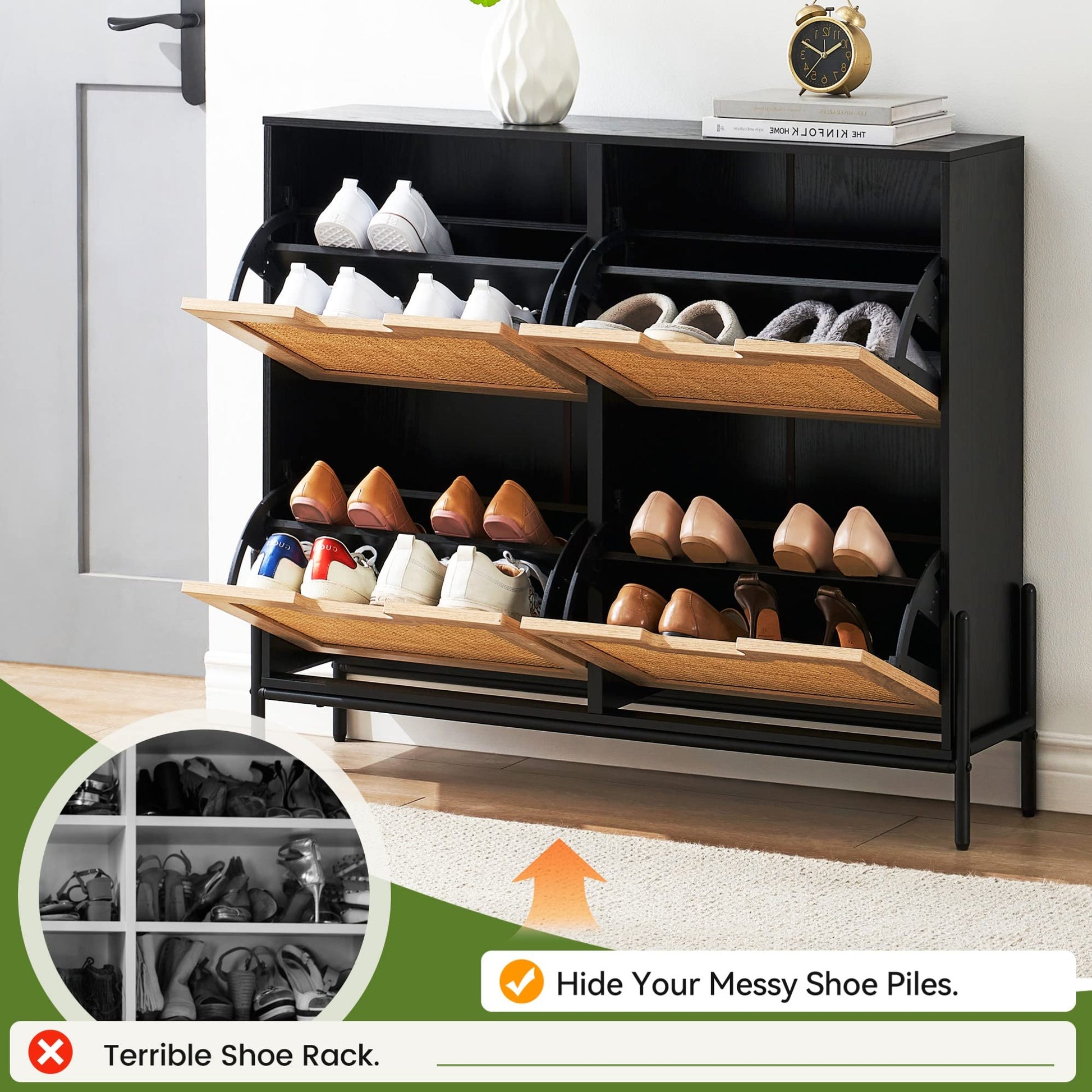 coucheta Natural Rattan 4 Flip Down Free-Standing Shoe Rack, Shoe Cabinet Wood Organizer Freestanding with 3-Tier Adjustable Shelves for Entryway Hallway Doorway (Oak Color) - WoodArtSupply