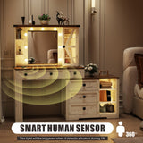 FREDEES Farmhouse Vanity Desk with Mirror and Lights, Makeup Vanity Table with 6 Drawers/Large Storage,White Dressing Table 3 Colors Adjustable Lighting Brightness & Charging Station for Women FREDEES