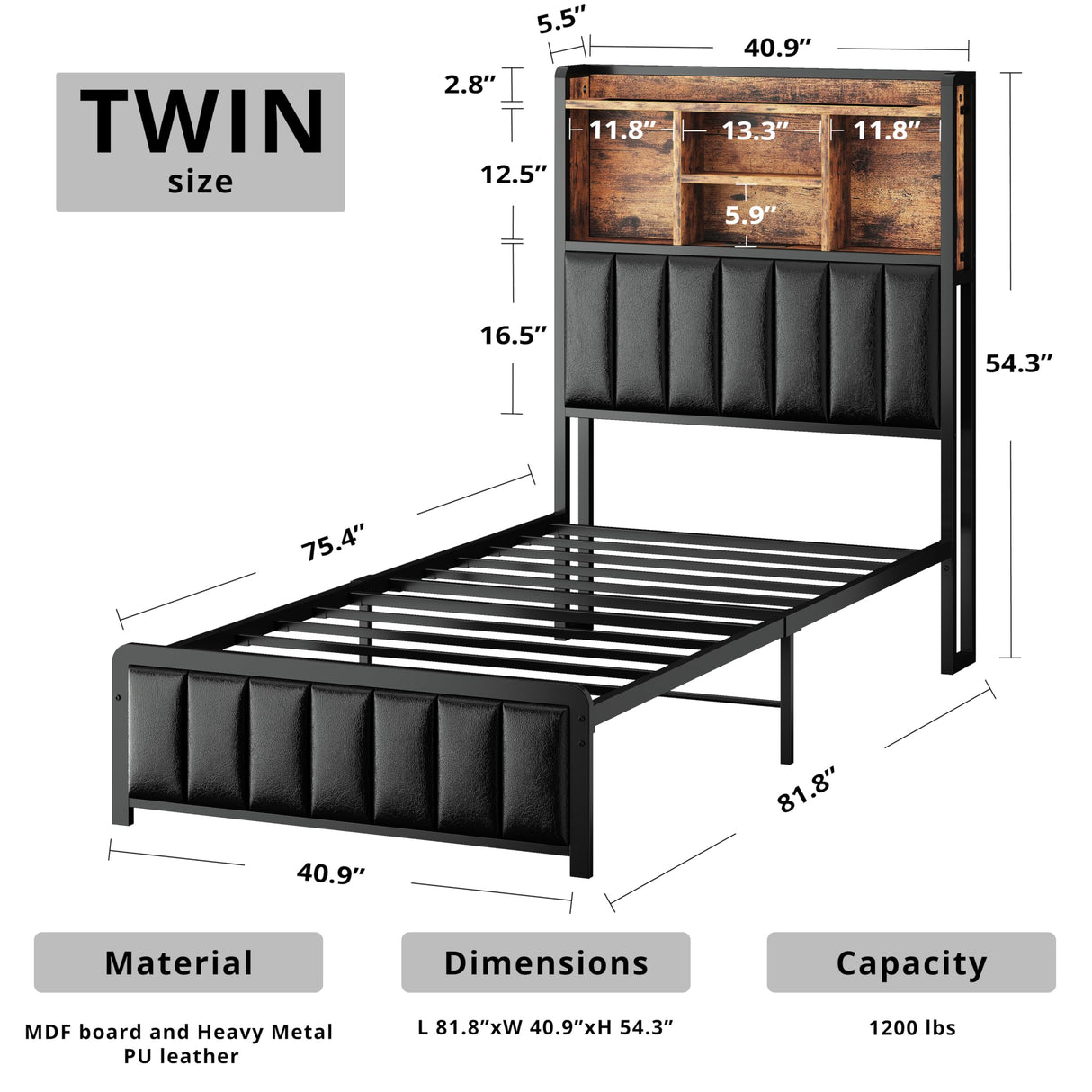 ANCTOR Twin Size Bed Frame with Upholstered Headboard and LED Light, Strong Platform Bed with Charging Station,No Box Spring Needed ANCTOR