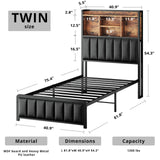 ANCTOR Twin Size Bed Frame with Upholstered Headboard and LED Light, Strong Platform Bed with Charging Station,No Box Spring Needed ANCTOR