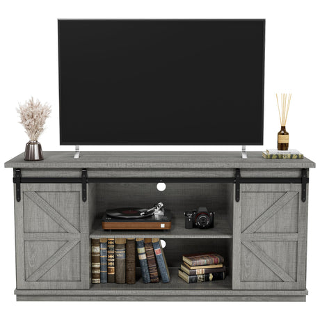 JUMMICO TV Stand for 65 Inch TV, Entertainment Center with Storage Cabinets and Sliding Barn Doors, Mid Century Modern Media TV Console Table for Living Room Bedroom (Pale Gray) JUMMICO